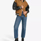 Women’s Brown Varsity Bomber Jacket With Leather Sleeves