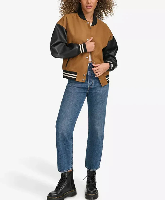 Women’s Brown Varsity Bomber Jacket With Leather Sleeves