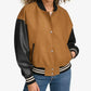 Women’s Brown Varsity Bomber Jacket With Leather Sleeves