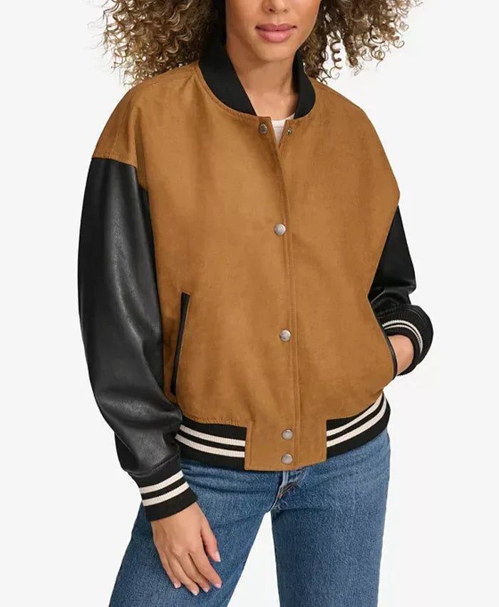 Women’s Brown Varsity Bomber Jacket With Leather Sleeves