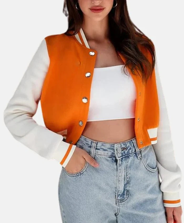 Women’s Cropped Orange Wool Varsity Jacket
