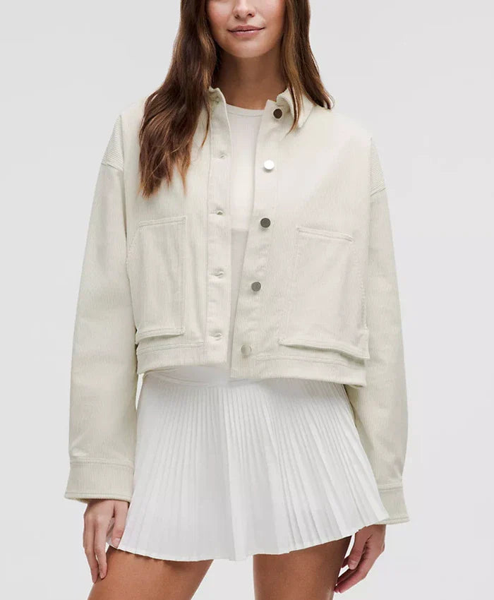 Women’s White Corduroy Shirt Varsity Jacket