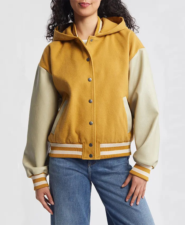Women’s Yellow Hooded Wool Twill Varsity Jacket