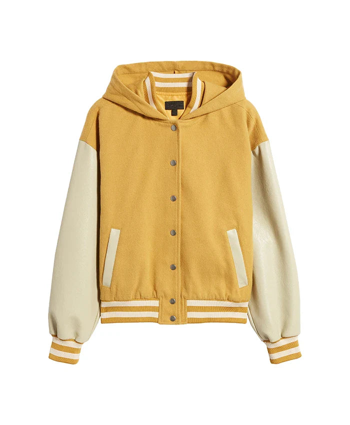Women’s Yellow Hooded Wool Twill Varsity Jacket