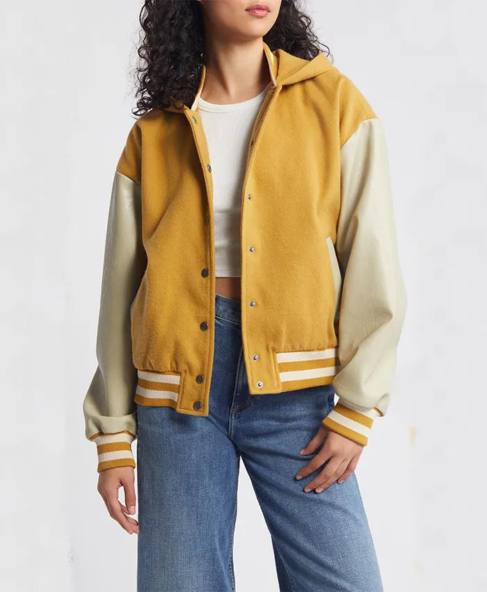 Women’s Yellow Hooded Wool Twill Varsity Jacket