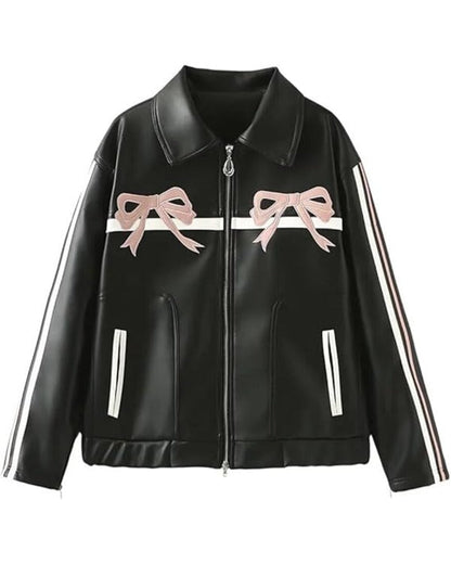 WWE NXT 2025 Carla Gonzalez Pink Bow Black Leather Jacket — Product Description