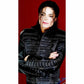 backgroundPerson a black leather jacket with a red 