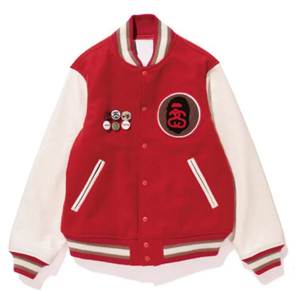 Red/Black&nbsp;Bape Stussy&nbsp;Varsity&nbsp;Full-Snap Wool/Leather&nbsp;Jacket