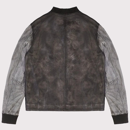 Distressed Varsity Style Leather Baseball Jacket