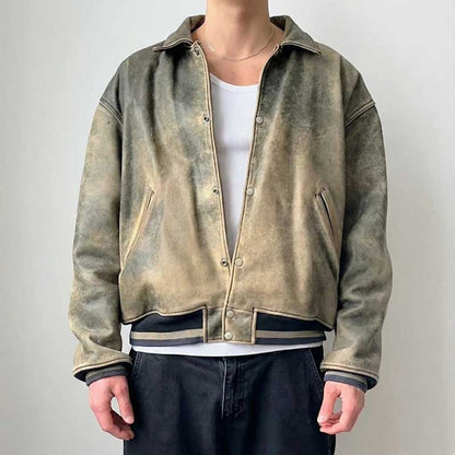 Men's Vintage Distressed Olive Green Leather Bomber Jacket