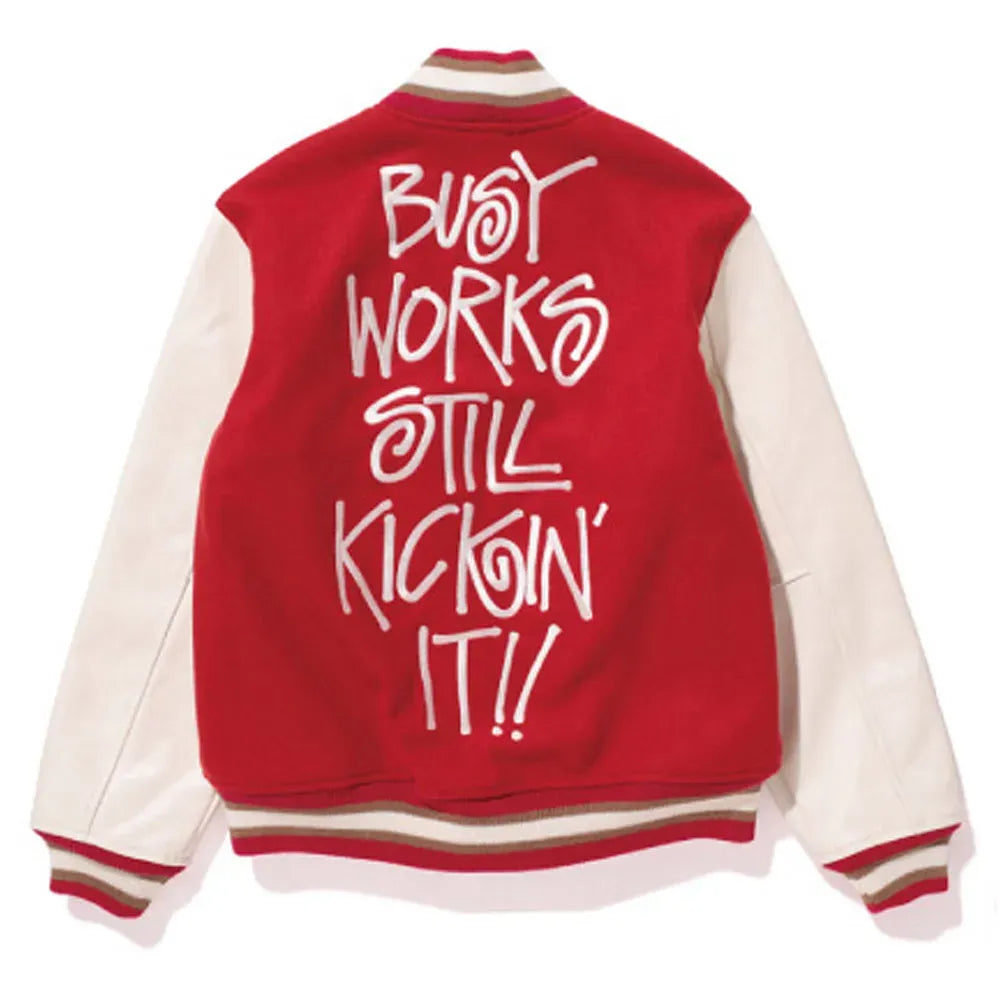 Red/Black&nbsp;Bape Stussy&nbsp;Varsity&nbsp;Full-Snap Wool/Leather&nbsp;Jacket
